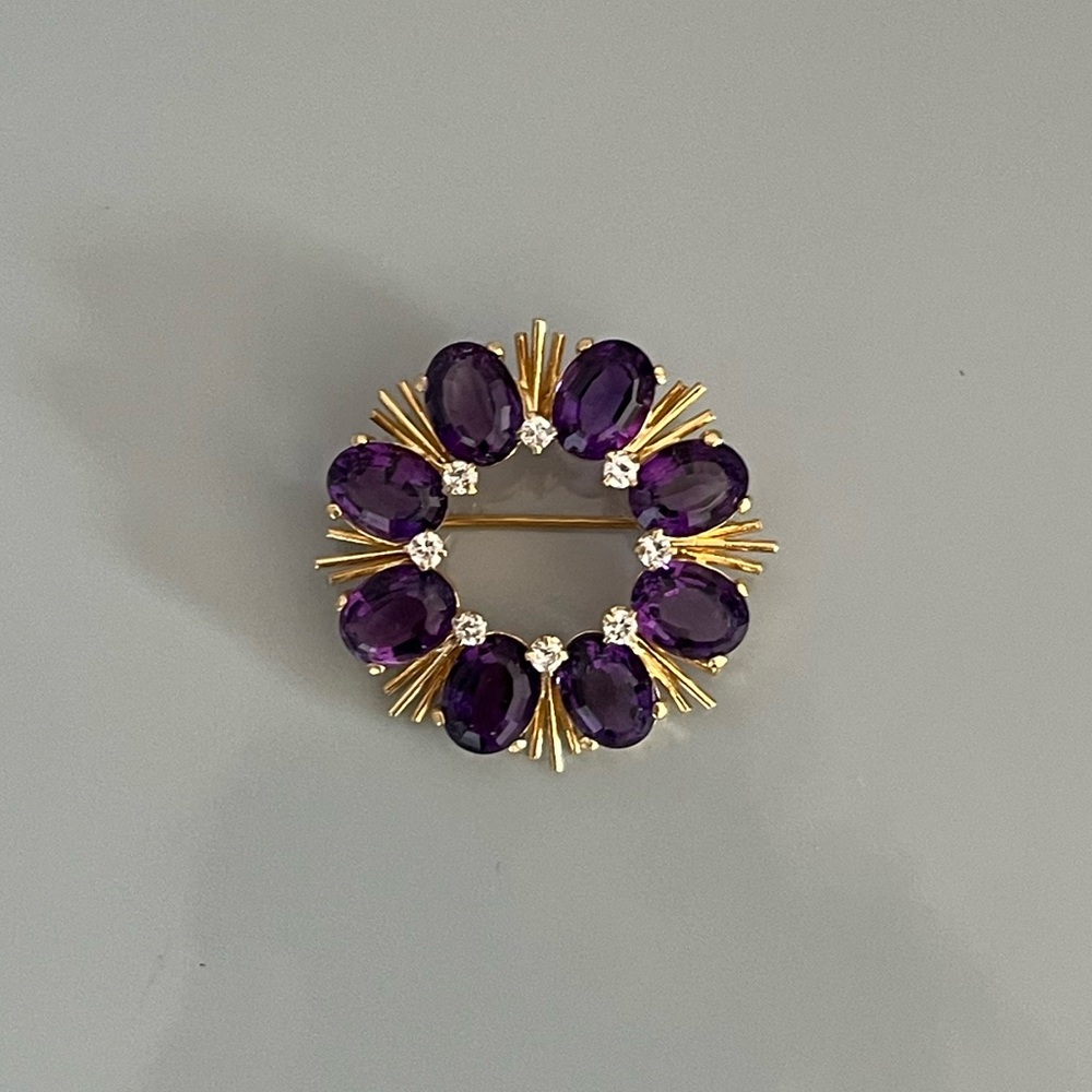 Harry S. Bick “HSB” 14k Gold Amethyst and Diamond Wreath Brooch Pin